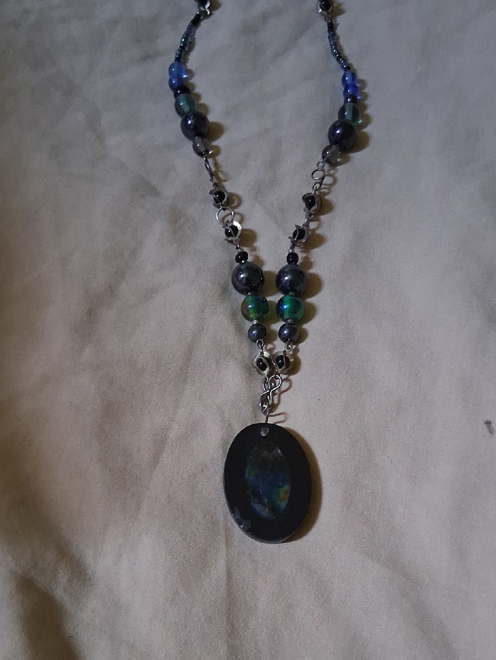 Handmade Black Oxyns and Blue Opal  Beaded Pendant Necklace